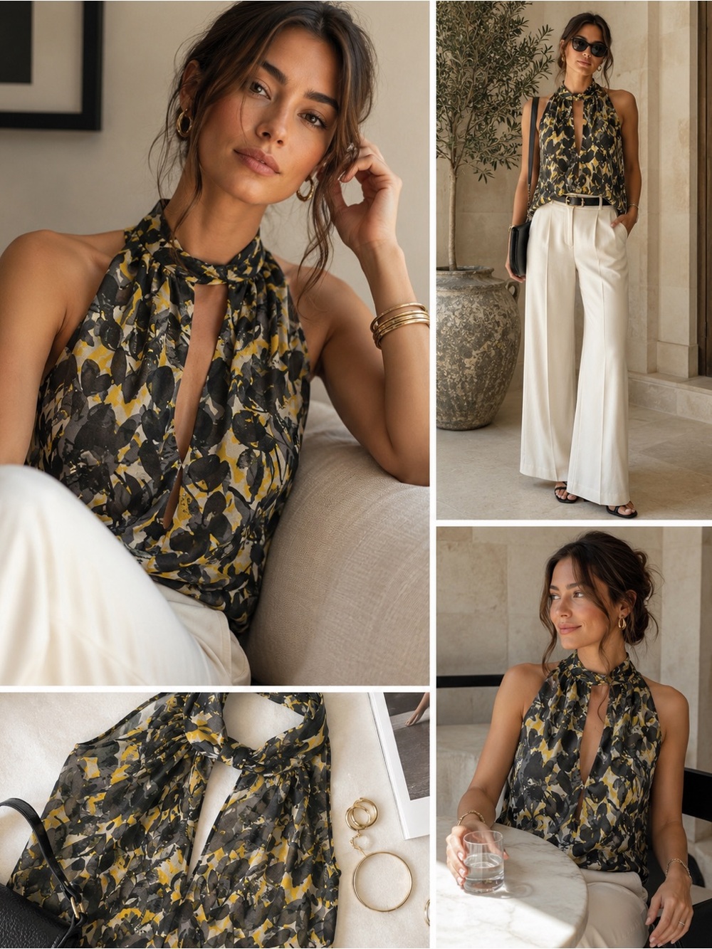 Banana Republic Sheer Tie Neck Halter Blouse XS Abstract Floral Keyhole Top